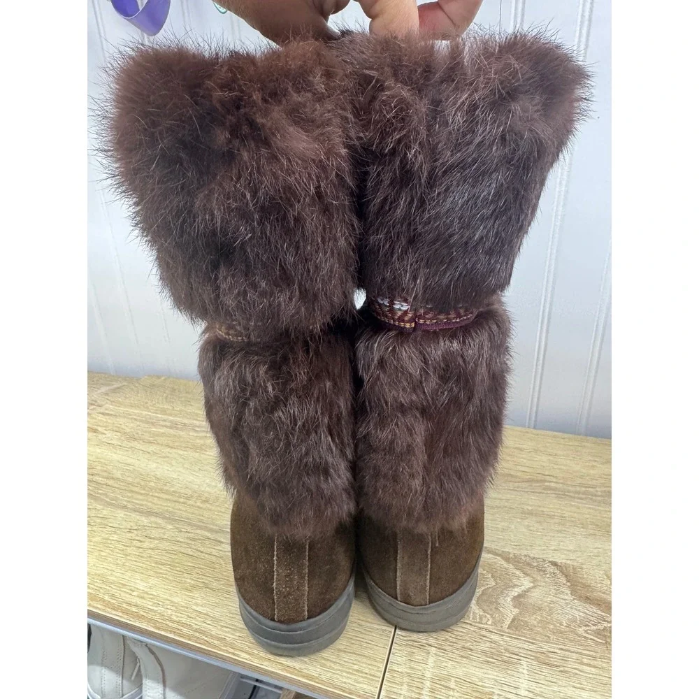 Minnetonka Women‎ 9 Brown Suede Rabbit Fur Mukluk Winter Boots Woven Yeti